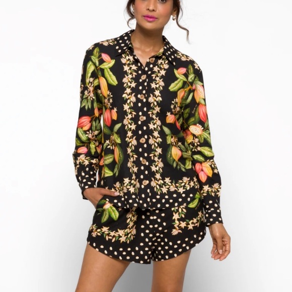 FARM Rio Pants - Farm Rio Cocoa Paradise Set: Long Sleeve Button Down & Drawstring Shorts